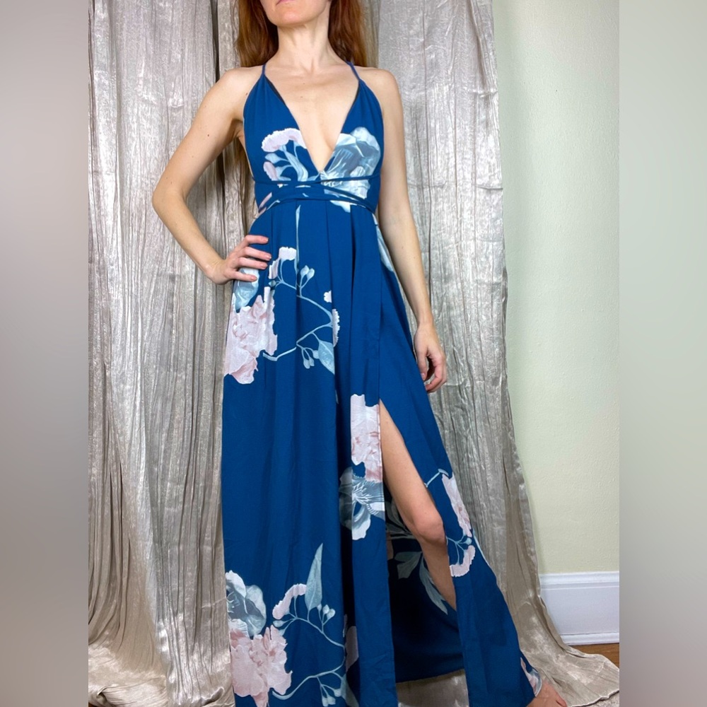 Blue Floral Halter Maxi Dress - Unbranded